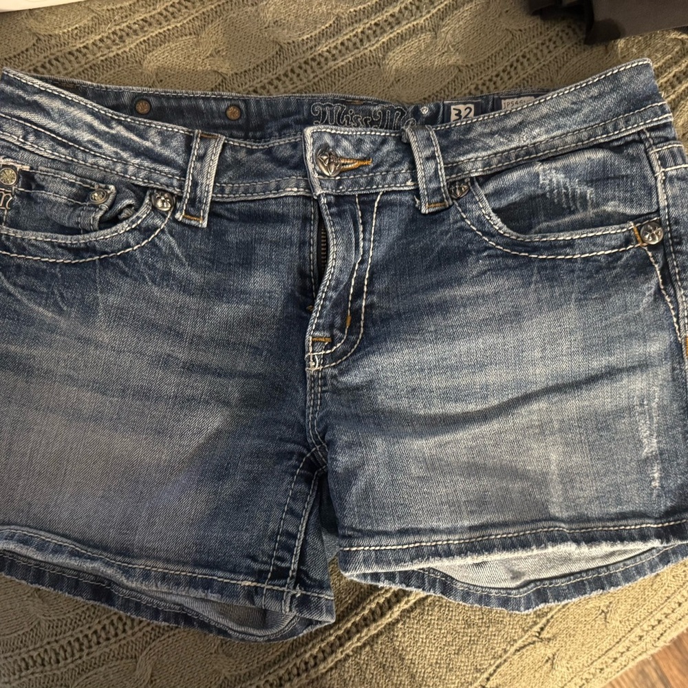 Miss Me Blue Jean Shorts with Distressed Wash